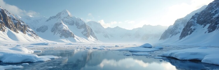 Obraz premium Vast arctic panorama features snow-covered mountains and a frozen lake. Icy terrain reflects the bright, hazy sunlight. This tranquil polar landscape evokes feelings of isolation and natural beauty.
