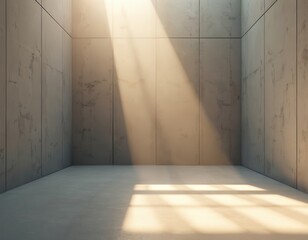 Obraz premium Spacious empty room with gray concrete walls bathed in natural sunlight. Raw architectural style features geometric panels with subtle texture. Sunbeams create striped patterns across floor, vast,