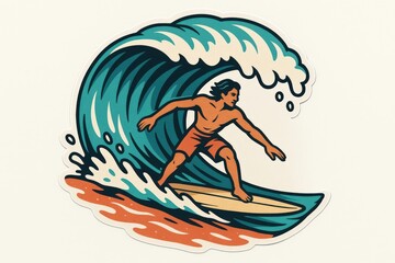 Surfer riding dynamic ocean wave embodying freedom and adventure in a stylized artwork showcasing motion and aquatic energy captured with clarity