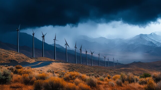Wind turbines on a hill under a stormy sky - Powered by Adobe