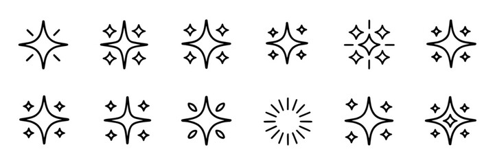 Obraz premium Twelve Sparkling Star Icons: A Set of Line Art Glitter and Shine Symbols for UI Design