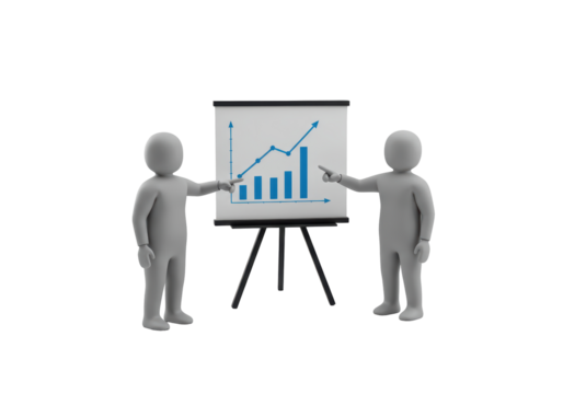 Isolated presenters explaining the rising chart on a presentation easel, business meeting concept