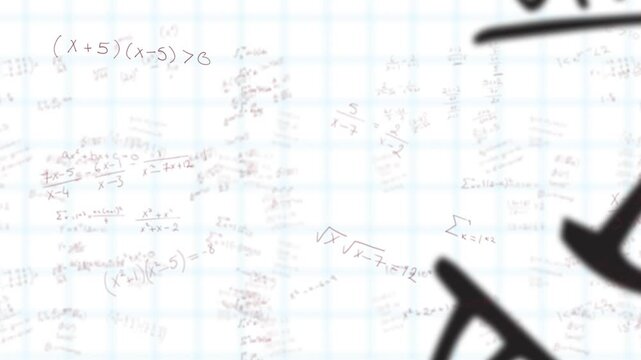 Graph paper grid filling frame, algebraic expressions sliding to center, rotating, fading, pulsing