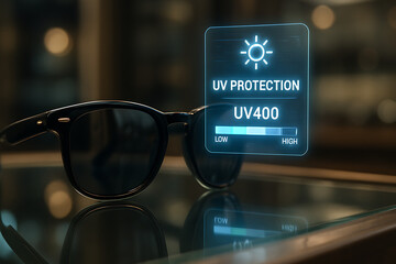 Sunglasses on Display with Holographic UV Protection Information