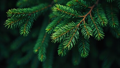 Vibrant green pine needles closeup against dark background. Evergreen branches offer natural texture detail, suggesting forest calm, botanical themes. Conifer plant shows dense, fresh foliage for