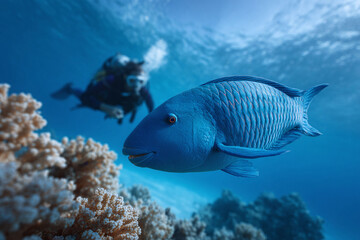 Obraz premium Vibrant underwater scene featuring a large, blue fish swimming near coral, with a scuba diver blurred in the background. Evokes wonder, adventure, and marine life conservation.