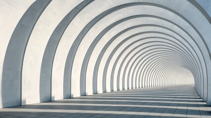Obraz premium White semi-circular arch tunnel with tiled floor and rhythmic shadows – Minimal architecture, symmetry, perspective, modern design, geometry, light