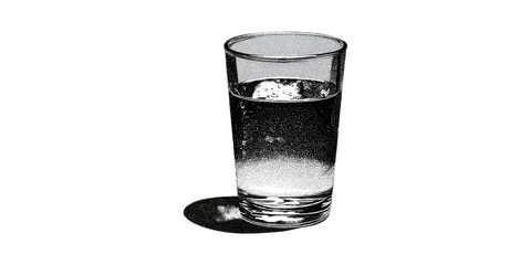 Glass Of Water In Halftone Style. Minimalist Hydration Concept In Black And Isolated On Transparent Background