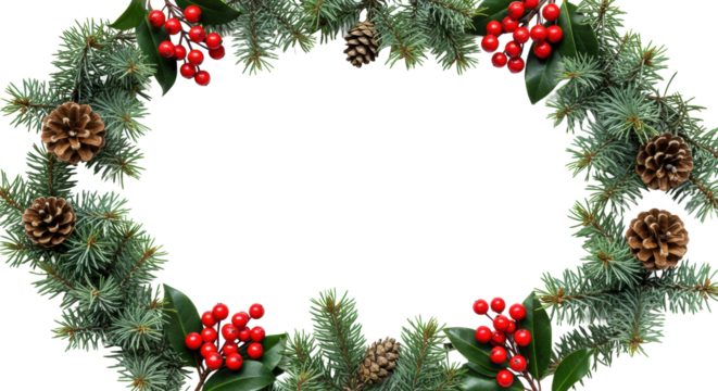 Lush green fir branches and vibrant red holly berries arranged as an open natural frame with frost on a transparent background for copy space, inviting holiday concept