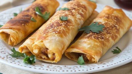 Golden-brown, rolled pastries with filling and herbs