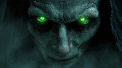 Portrait of a ghoul monster with green glowing eyes