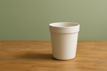 Eco paper cup, green wall, wood counter
