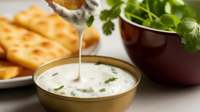 Hand dipping indian flatbread into a creamy yogurt dip