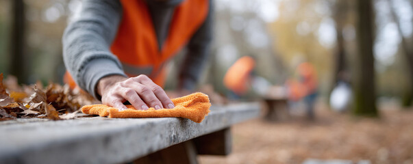 Worker diligently cleans a park table with an orange cloth, symbolizing community service, environmental care, and volunteerism. Useful for campaigns, projects and ads.
