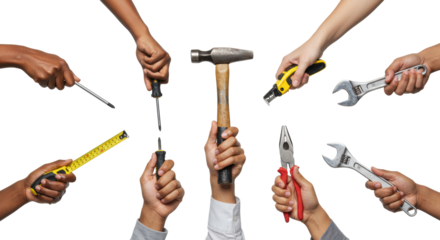 Diverse hands with various skin tones, wearing neutral sleeves, grasping immaculate screwdrivers, hammer, tape, pliers, and wrench on a bright white studio background, concept of practical