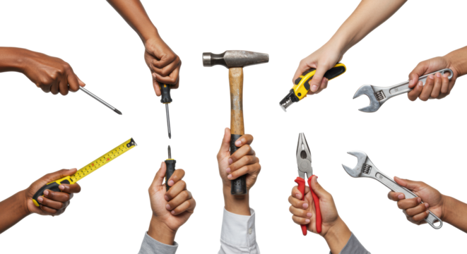 Diverse hands with various skin tones, wearing neutral sleeves, grasping immaculate screwdrivers, hammer, tape, pliers, and wrench on a bright white studio background, concept of practical