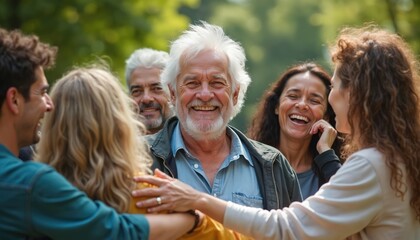 Diverse group of smiling people of various ages hugging and laughing together outdoors in park. White-haired senior man beams at camera, surrounded by family and friends sharing joyful moments.