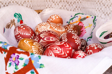 Easter eggs in red and white colors, close-up