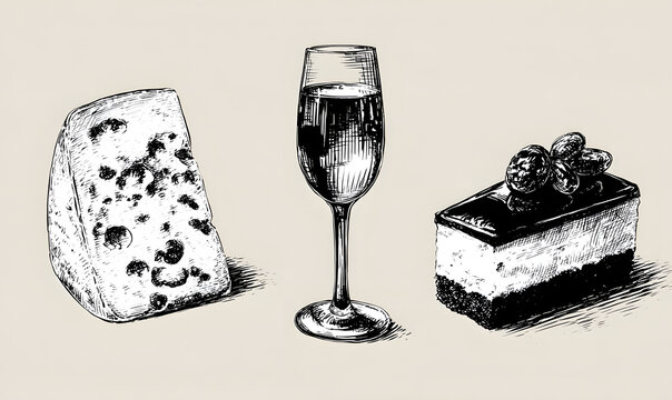 Minimalist hand drawn food and drink vector illustraion. Wine, champagne glass cheese, cake drawings forwedding invitations, menusand parties. Ink doodle sktch style