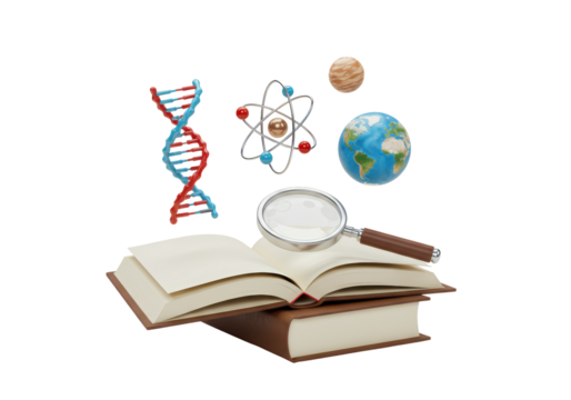 Isolated Education Concepts Book and Magnifying Glass Science, Physics, Biology learning