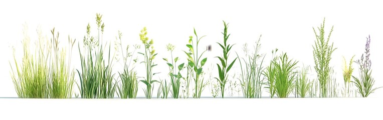 Fototapeta premium Realistic 3D grass render showing different growth phases on white.