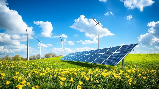 Sunny field with solar panels and wind turbines