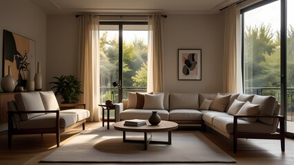 Modern living room interior with a comfortable sofa, fireplace, and contemporary furniture
