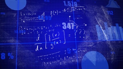 Grid onset, math formulas sketching while charts sliding, numbers updating to visualize data trends - Powered by Adobe