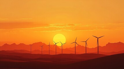 Sunrise silhouettes of wind turbines on desert-like mountains
