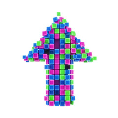 Pixelated upward arrow icon created with colorful glowing cubes on a isolated on transparent background