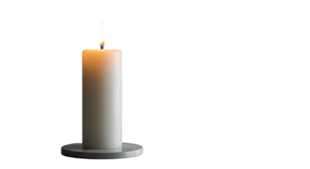 An unblemished white pillar candle with a vibrant yellow-orange flame, casting a soft glow on a reflective surface in a minimalist studio with ample negative space. Concept of clarity