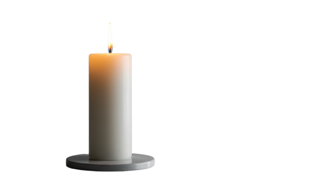 An unblemished white pillar candle with a vibrant yellow-orange flame, casting a soft glow on a reflective surface in a minimalist studio with ample negative space. Concept of clarity