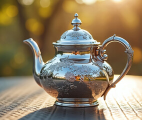 Elegant silver teapot with intricate floral embossed pattern sits on table outdoors. Reflecting sunlight, garden scenery, vintage metal kettle perfect for tea time, adding luxury to kitchen tableware