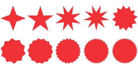 Vector image of a set of red icons with stars and glitter silhouettes. Abstract element for your design. Price tags with special offers, etc.