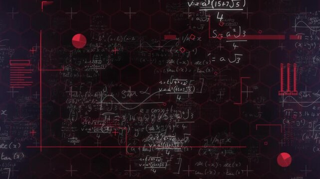 Oblique light beam entering sweeping hex grid, animating formulas, red shapes revealing interface