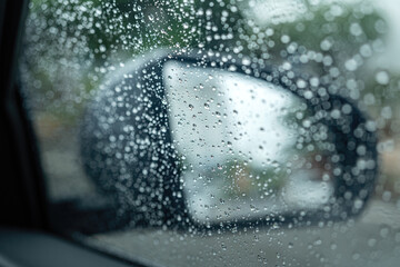 Water or rainy droplet on car side glass with side mirror and rearview as background. Transportation in raining season scene, close-up with selective focus.