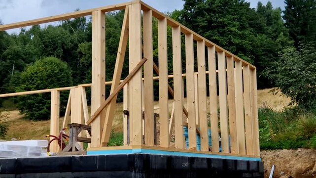 Extension of a family house, cubic shape modern with a flat roof and large windows and a terrace. wooden frame on which will be insulation and cladding. ecological renewable houses