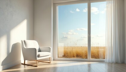 Fototapeta premium Minimalist interior features white armchair bathed in sunlight. Large window serene landscape with golden field, blue sky. White sheer curtain adds elegance. Comfortable, bright, peaceful room design.