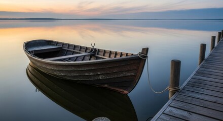 Fototapeta premium Wooden boat docked by a pier on a calm lake at dawn