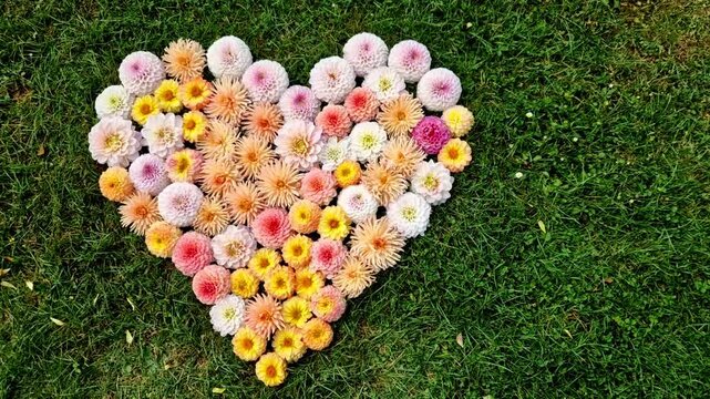 people like to be given dahlia flover in summer. flower heart for your wife or lover. the folded layer lies in the park on the lawn as a message of affection