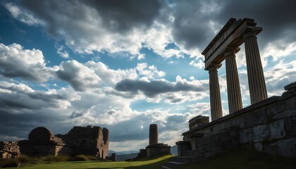 Ancient ruins bathed in sunlight, dramatic sky with clouds and pillars.