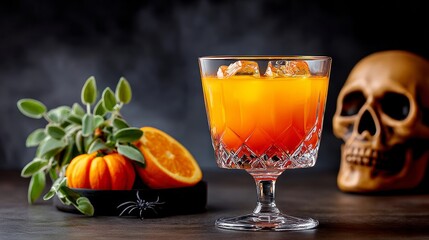 Fototapeta premium Glass of orange juice with a skull on the table