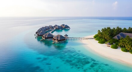 Aerial view of luxurious overwater bungalows nestled on a tropical island paradise, showcasing serene turquoise waters and white sand beaches.