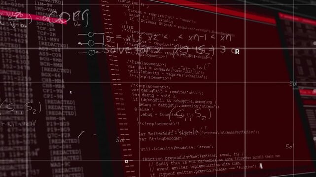 Letter X appearing triggers red overlay sliding then code fading, formulas accumulating in analysis