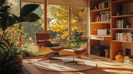 Fototapeta premium Cozy modern living room with autumnal view. Sunlight streams through large windows, illuminating a mid-century armchair and ottoman, surrounded by plants and bookshelves