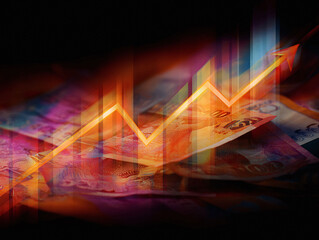 Dynamic financial growth concept. Money background with a vibrant upward arrow. Ideal for illustrating investment, economy, and market success.