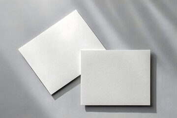 Two blank white paper cards on a grey background empty