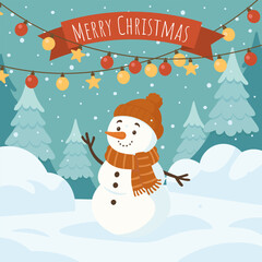 Christmas snowman in winter forest with lights and decorations. Cute holiday character with hat and scarf. Merry christmas illustration