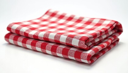 Red, white checkered tablecloth folded neatly. Fabric features classic gingham design, evoking nostalgia for outdoor picnics, gatherings. Clean texture, vibrant colors make ideal for mealtime