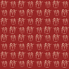 Seamless Christmas pattern of outlined gift boxes on dark burgundy background for holiday packaging and wrapping design
